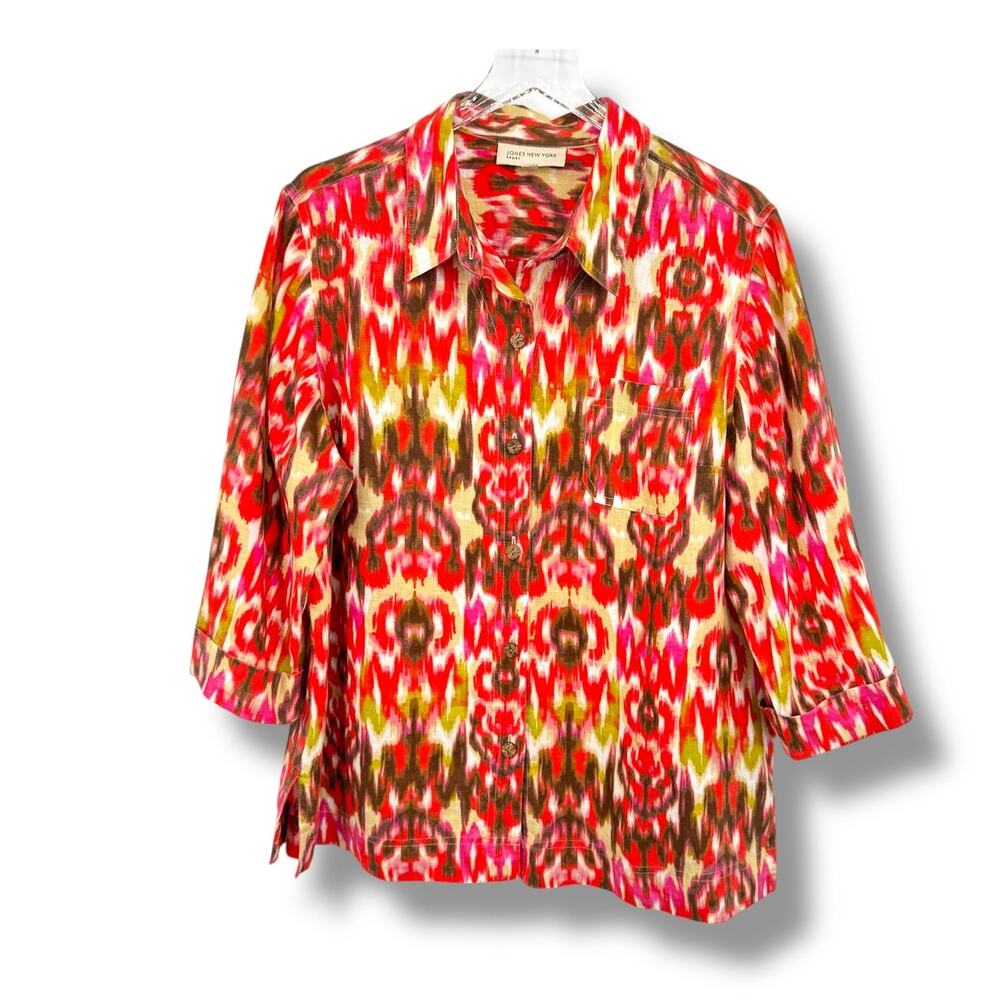 Jones New York Sport linen blouse XL ikat button down elbow tab sleeve tunic top